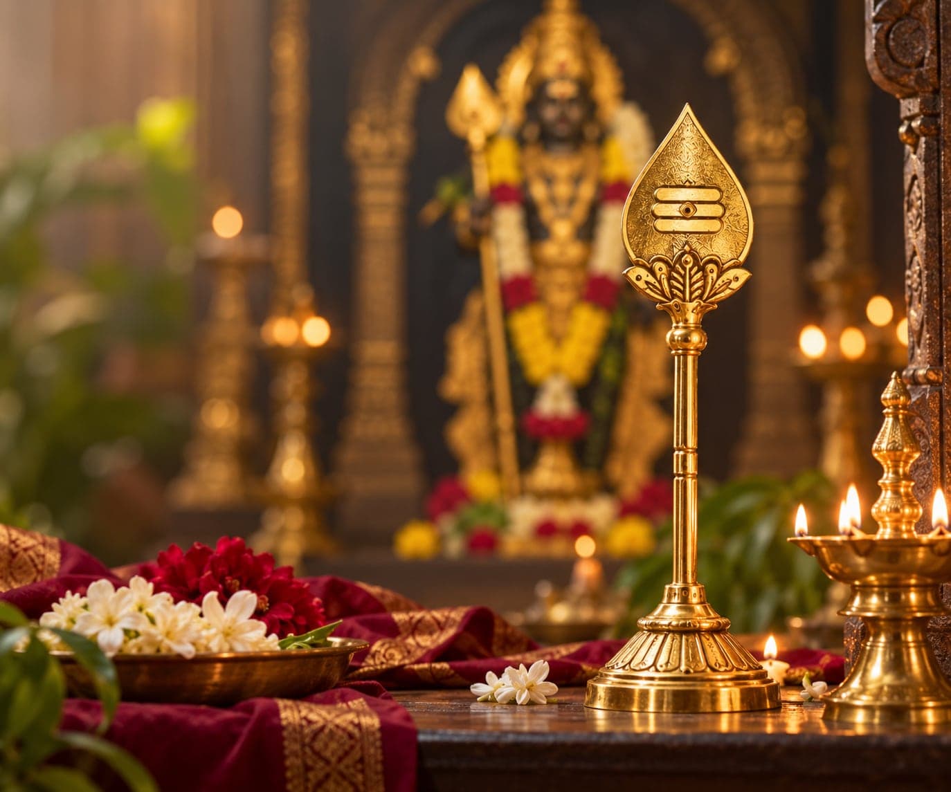 A golden Murugan Vel on a pooja shelf, with lit vilakku and a Murugan idol behind