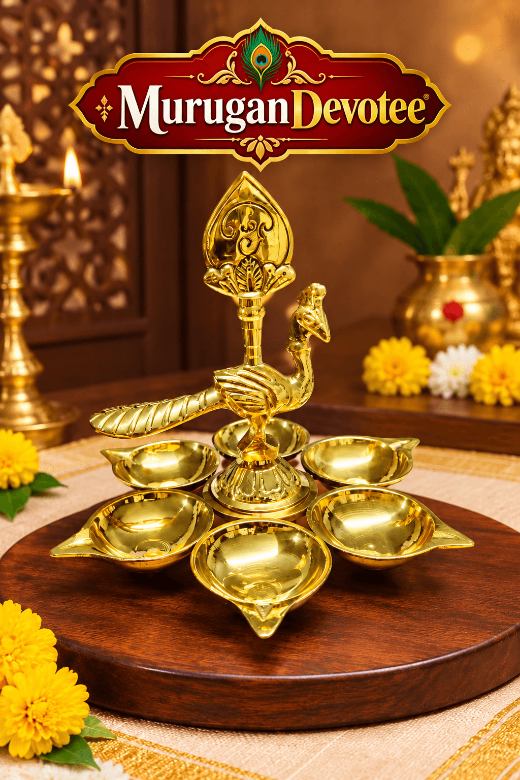Murugan Peacock Diya – Golden Finish Brass Decorative Oil Lamp for pooja